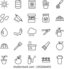 Thin Line Icon Set - flower in pot vector, garden fork, farm, seedling, pruner, saw, water drop, sun, rain, well, fireplace, greenhouse, seeds, caterpillar, sprayer, fertilizer, oil barrel, filter