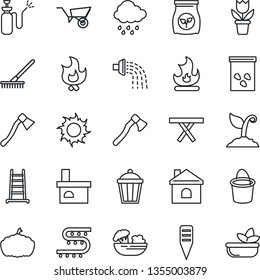 Thin Line Icon Set - flower in pot vector, rake, ladder, wheelbarrow, bucket, watering, sproute, fire, house, sun, rain, axe, plant label, pumpkin, garden light, fireplace, seeds, picnic table