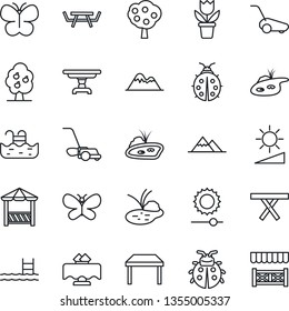 Thin Line Icon Set - flower in pot vector, lawn mower, butterfly, lady bug, pond, picnic table, brightness, pool, fruit tree, mountains, restaurant, alcove