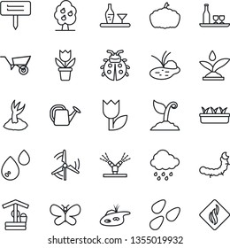 Thin Line Icon Set - flower in pot vector, watering can, wheelbarrow, sproute, butterfly, lady bug, seedling, rain, well, plant label, pumpkin, seeds, caterpillar, pond, tulip, windmill, fruit tree