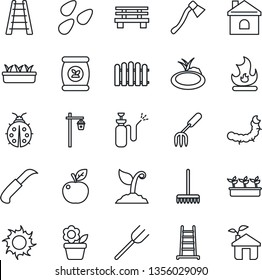 Thin Line Icon Set - flower in pot vector, garden fork, farm, fence, rake, ladder, sproute, lady bug, fire, house, seedling, sun, knife, axe, bench, light, seeds, caterpillar, pond, sprayer, eco