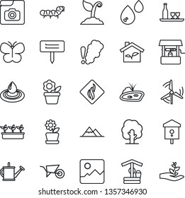 Thin Line Icon Set - flower in pot vector, tree, watering can, wheelbarrow, sproute, butterfly, seedling, well, plant label, caterpillar, bird house, gallery, photo, pond, windmill, mountains, eco