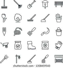 Thin Line Icon Set - flower in pot vector, garden fork, shovel, farm, rake, tree, wheelbarrow, bucket, glove, boot, hose, hoe, sickle, plant label, bench, light, bird house, fertilizer, tulip