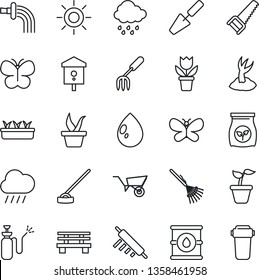 Thin Line Icon Set - flower in pot vector, trowel, garden fork, rake, seedling, wheelbarrow, watering, sproute, saw, butterfly, water drop, sun, rain, hoe, bench, bird house, sprayer, fertilizer