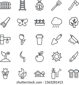 Thin Line Icon Set - flower in pot vector, trowel, farm fork, fence, ladder, tree, sproute, saw, butterfly, lady bug, fire, seedling, sun, rain, sickle, garden knife, axe, sprayer, drip irrigation