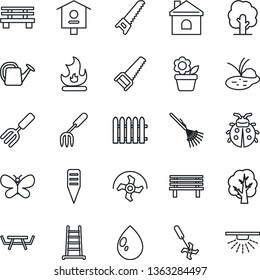 Thin Line Icon Set - flower in pot vector, garden fork, ripper, fence, rake, ladder, tree, watering can, saw, butterfly, lady bug, fire, house, water drop, plant label, bench, pond, picnic table