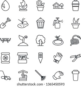 Thin Line Icon Set - flower in pot vector, shovel, rake, seedling, tree, bucket, sproute, pruner, glove, lawn mower, fire, water drop, well, hose, plant label, garden light, pond, picnic table