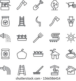 Thin Line Icon Set - flower in pot vector, shovel, farm fork, rake, ladder, wheelbarrow, watering, seedling, sun, well, sickle, axe, pumpkin, pond, fertilizer, drip irrigation, fruit tree, eco house