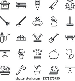 Thin Line Icon Set - flower in pot vector, shovel, rake, seedling, saw, lady bug, house, well, hose, hoe, axe, plant label, bench, pumpkin, greenhouse, pond, picnic table, garden sprayer, tulip