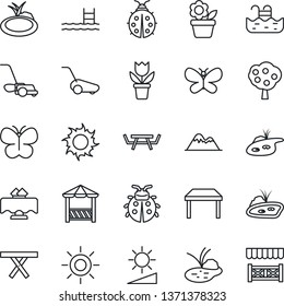 Thin Line Icon Set - flower in pot vector, lawn mower, butterfly, lady bug, sun, pond, picnic table, brightness, pool, fruit tree, mountains, restaurant, alcove