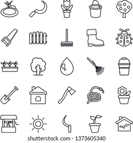 Thin Line Icon Set - flower in pot vector, shovel, fence, rake, seedling, tree, bucket, boot, saw, lady bug, house, water drop, sun, well, hose, sickle, axe, pond, fruit, eco