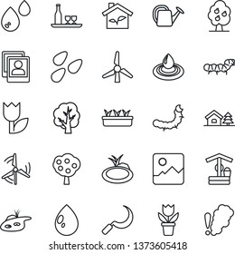 Thin Line Icon Set - flower in pot vector, tree, watering can, seedling, water drop, well, sickle, seeds, caterpillar, pond, tulip, gallery, photo, house with, windmill, fruit, alcohol, eco