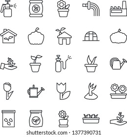 Thin Line Icon Set - flower in pot vector, seedling, watering can, sproute, pumpkin, greenhouse, seeds, garden sprayer, fertilizer, tulip, factory, eco house, palm