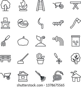 Thin Line Icon Set - flower in pot vector, garden fork, rake, ladder, tree, wheelbarrow, watering, sproute, fire, house, hose, hoe, sickle, axe, bench, pumpkin, fireplace, seeds, caterpillar, ripper