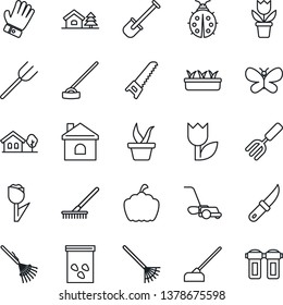 Thin Line Icon Set - flower in pot vector, garden fork, shovel, farm, rake, seedling, glove, saw, lawn mower, butterfly, lady bug, house, hoe, knife, pumpkin, seeds, tulip, with tree, water filter