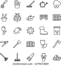 Thin Line Icon Set - flower in pot vector, garden fork, farm, fence, rake, seedling, watering can, pruner, glove, boot, saw, lady bug, sun, rain, axe, bench, seeds, tulip, pond