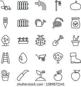 Thin Line Icon Set - flower in pot vector, shovel, fence, ladder, seedling, watering can, wheelbarrow, sproute, boot, lawn mower, lady bug, water drop, hose, garden knife, plant label, pumpkin