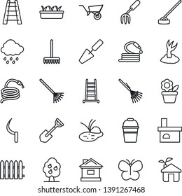 Thin Line Icon Set - flower in pot vector, trowel, garden fork, shovel, fence, rake, ladder, wheelbarrow, bucket, sproute, butterfly, house, seedling, rain, hose, hoe, sickle, fireplace, pond, eco