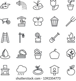 Thin Line Icon Set - flower in pot vector, shovel, farm fork, ladder, seedling, tree, wheelbarrow, watering, butterfly, fire, water drop, rain, well, hose, pumpkin, garden light, fireplace, pond