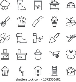 Thin Line Icon Set - flower in pot vector, trowel, garden fork, ladder, wheelbarrow, bucket, pruner, boot, butterfly, house, rain, well, sickle, knife, light, fireplace, greenhouse, seeds, pond, eco