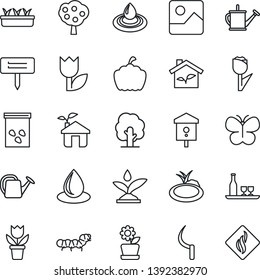 Thin Line Icon Set - flower in pot vector, tree, watering can, butterfly, seedling, water drop, sickle, plant label, pumpkin, seeds, caterpillar, pond, bird house, tulip, gallery, fruit, alcohol