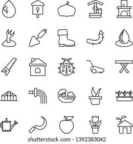 Thin Line Icon Set - flower in pot vector, trowel, seedling, watering can, sproute, boot, saw, lawn mower, lady bug, house, water drop, well, sickle, pumpkin, fireplace, greenhouse, caterpillar, eco