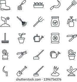 Thin Line Icon Set - flower in pot vector, garden fork, shovel, farm, rake, seedling, watering can, sproute, pruner, boot, hoe, sickle, sprayer, fertilizer, irrigation