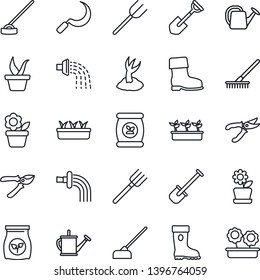 Thin Line Icon Set - flower in pot vector, shovel, farm fork, rake, seedling, watering can, sproute, pruner, boot, hoe, sickle, fertilizer