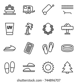 thin line icon set : flower bed, trailer, suitcase, lounger, uv cream, palm, hawaiian wreath, restaurant, jet ski, inflatable mattress, flip flops, pool, slippers, sun, spruce