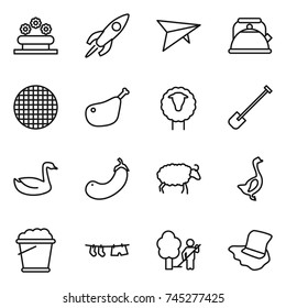 thin line icon set : flower bed, rocket, deltaplane, kettle, sieve, chicken leg, sheep, shovel, goose, eggplant, foam bucket, drying clothe, garden cleaning, floor washing