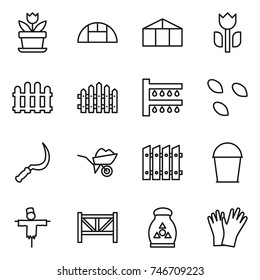 thin line icon set : flower, greenhouse, perishable, fence, watering, seeds, sickle, wheelbarrow, bucket, scarecrow, farm, fertilizer, gloves