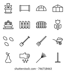 thin line icon set : flower, fence, greenhouse, bed, perishable, seeds, shovel, fork, wheelbarrow, pear, sow, rake