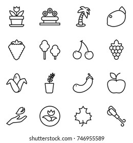 thin line icon set : flower, bed, palm, lemon, berry, trees, cherry, grape, corn, seedling, eggplant, apple, hand leaf, ecology, maple, blower