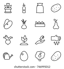 thin line icon set : flower, vegetable oil, flour, potato, beans, onion, seedling, pear, beet, sprouting, hand leaf, sow, watering can, egg, garden
