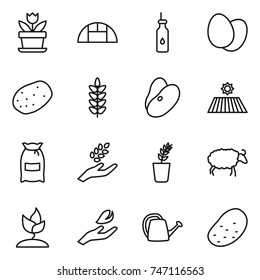 thin line icon set : flower, greenhouse, vegetable oil, eggs, potato, spikelets, beans, field, flour, harvest, seedling, sheep, sprouting, hand leaf, watering can