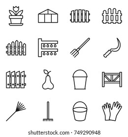 thin line icon set : flower, greenhouse, fence, watering, fork, sickle, pear, bucket, farm, rake, gloves