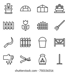 thin line icon set : flower, greenhouse, bed, fence, perishable, fork, sickle, bucket, farm, sow, pruner, fertilizer, rake
