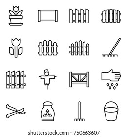 thin line icon set : flower, fence, perishable, rake, scarecrow, farm, sow, pruner, fertilizer, bucket