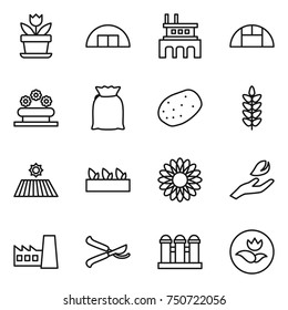 thin line icon set : flower, hangare, factory, greenhouse, bed, flour, potato, spikelets, field, seedling, hand leaf, pruner, grain elevator, ecology