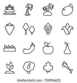 thin line icon set : flower bed, palm, island, lemon, berry, trees, grape, corn, seedling, eggplant, apple, pear, sprouting, garden, maple leaf, blower