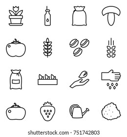 thin line icon set : flower, vegetable oil, flour, mushroom, tomato, spikelets, coffee seeds, seedling, hand leaf, sow, strawberry, watering can, pile of garbage
