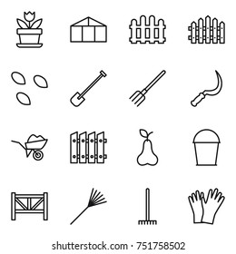 thin line icon set : flower, greenhouse, fence, seeds, shovel, fork, sickle, wheelbarrow, pear, bucket, farm, rake, gloves