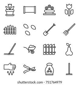 thin line icon set : flower, fence, bed, perishable, seeds, shovel, fork, rake, wheelbarrow, pear, sow, pruner, fertilizer