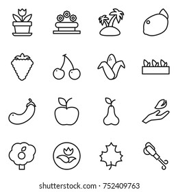 thin line icon set : flower, bed, island, lemon, berry, cherry, corn, seedling, eggplant, apple, pear, hand leaf, garden, ecology, maple, blower