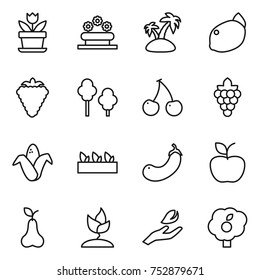 thin line icon set : flower, bed, island, lemon, berry, trees, cherry, grape, corn, seedling, eggplant, apple, pear, sprouting, hand leaf, garden