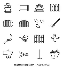 thin line icon set : flower, fence, bed, seeds, fork, sickle, wheelbarrow, scarecrow, sow, pruner, rake, gloves
