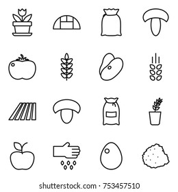 thin line icon set : flower, greenhouse, flour, mushroom, tomato, spikelets, beans, field, seedling, apple, sow, egg, pile of garbage
