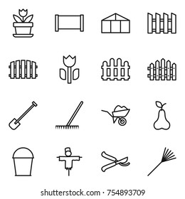 thin line icon set : flower, fence, greenhouse, perishable, shovel, rake, wheelbarrow, pear, bucket, scarecrow, pruner