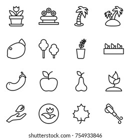 thin line icon set : flower, bed, palm, island, lemon, trees, seedling, eggplant, apple, pear, sprouting, hand leaf, ecology, maple, blower