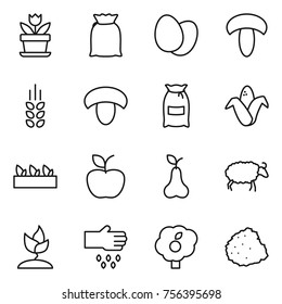Thin line icon set : flower, flour, eggs, mushroom, spikelets, corn, seedling, apple, pear, sheep, sprouting, sow, garden, pile of garbage